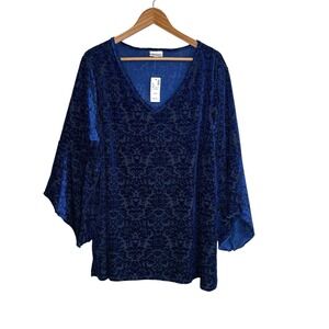 Avenue Womens Top 22/24 Blue Velvet Burnout Floral Bell Sleeve Artsy Edgy Mature